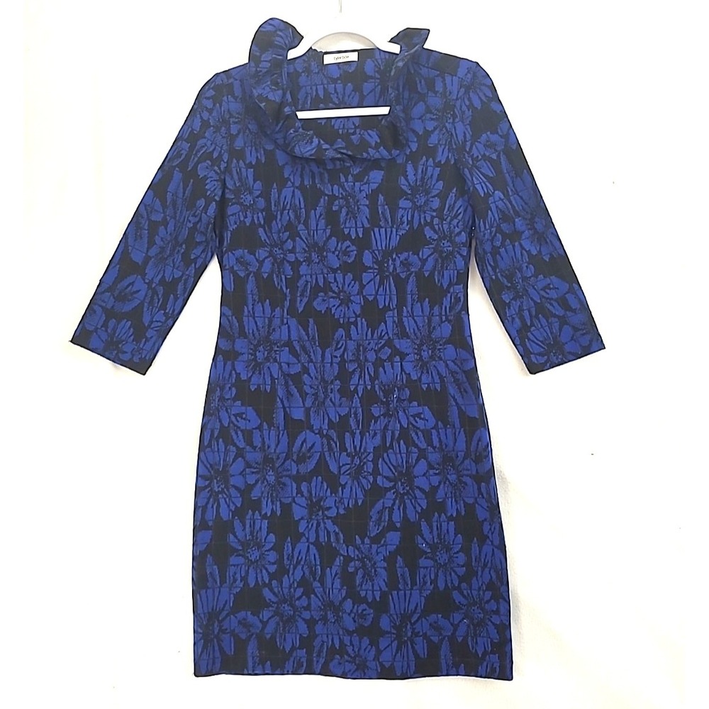 Tyler Böe Black Blue Floral Print Ruffle Neck Knit Dress Size S 3/4 Sleeve